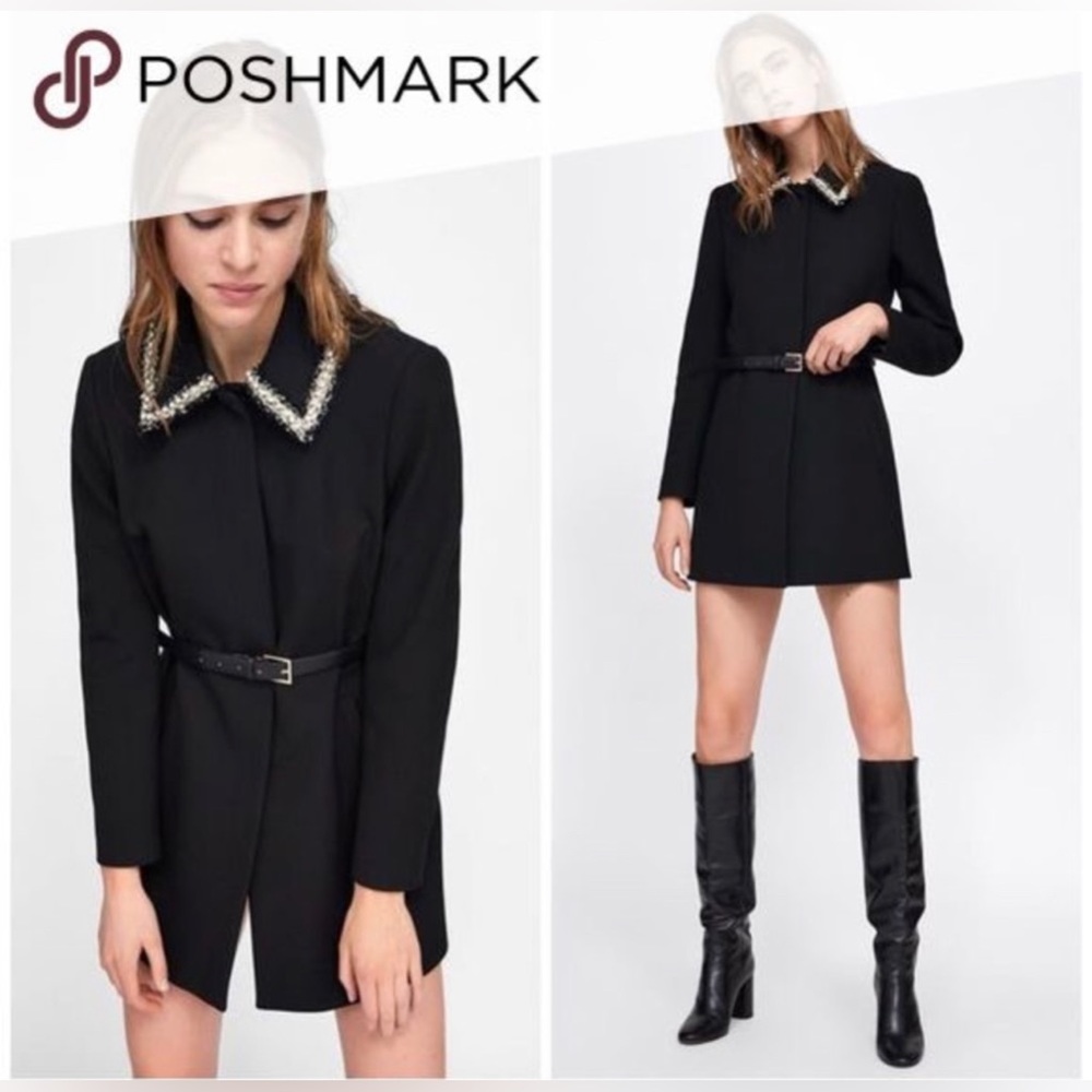 ✨🤍 New Zara Black Coat Jacket with Belt ft. Pearl and Tweed Collar Size L 🤍✨